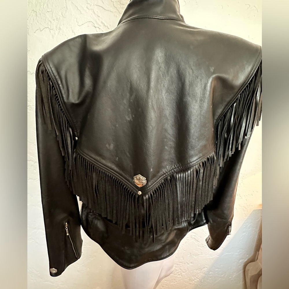 Harley Davidson - Black Leather Cropped Fringe Jacket - Cinched Waist - Size L